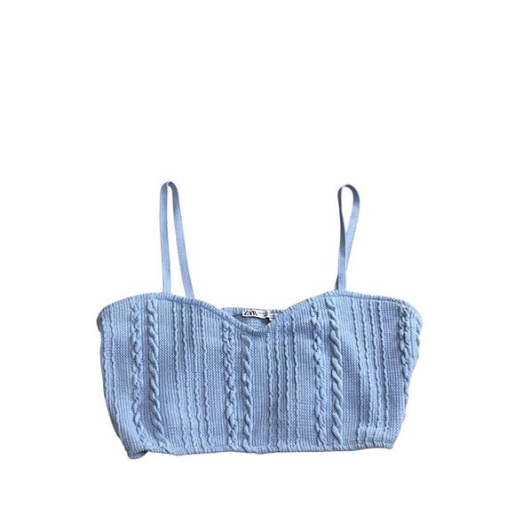 Zara Crop Tank Size Medium Light Blue Cable Knit Sweetheart Coquette Knit Top - Picture 5 of 7